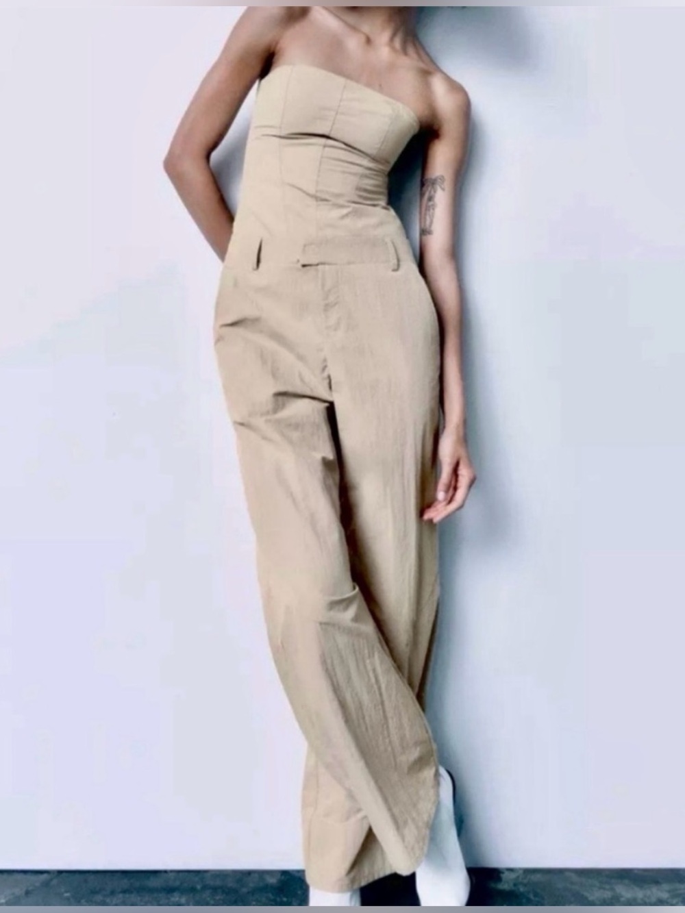 Zara Strapless Tailored Wide-Leg Jumpsuit in Beige-Tan